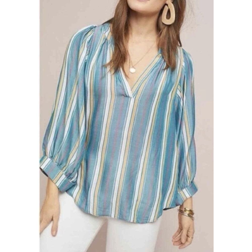 Maeve by Anthropologie Byron Blue Striped Balloon Sleeve Peasant Blouse Medium - Picture 9 of 11